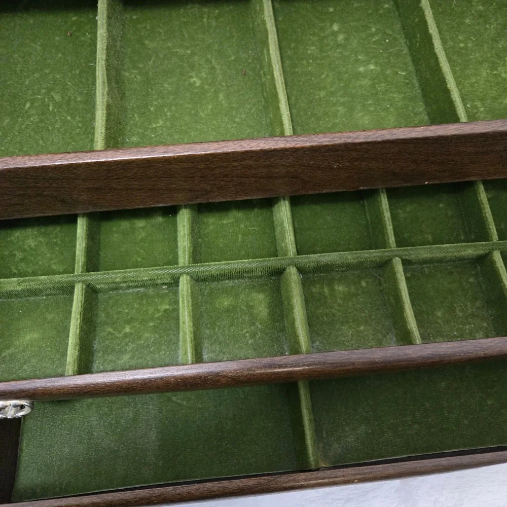 Vintage Large Jewelry Box Chest Faux Wood Grain Green Velvet Lining 3-Tier